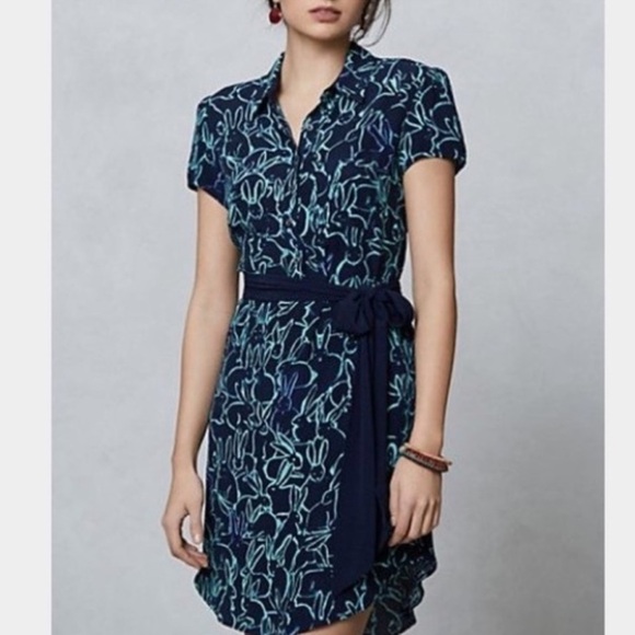 Anthropologie Maeve Bunny Print Dress Waist Tie Spring/Easter Navy/Green Size 2 - Picture 1 of 14